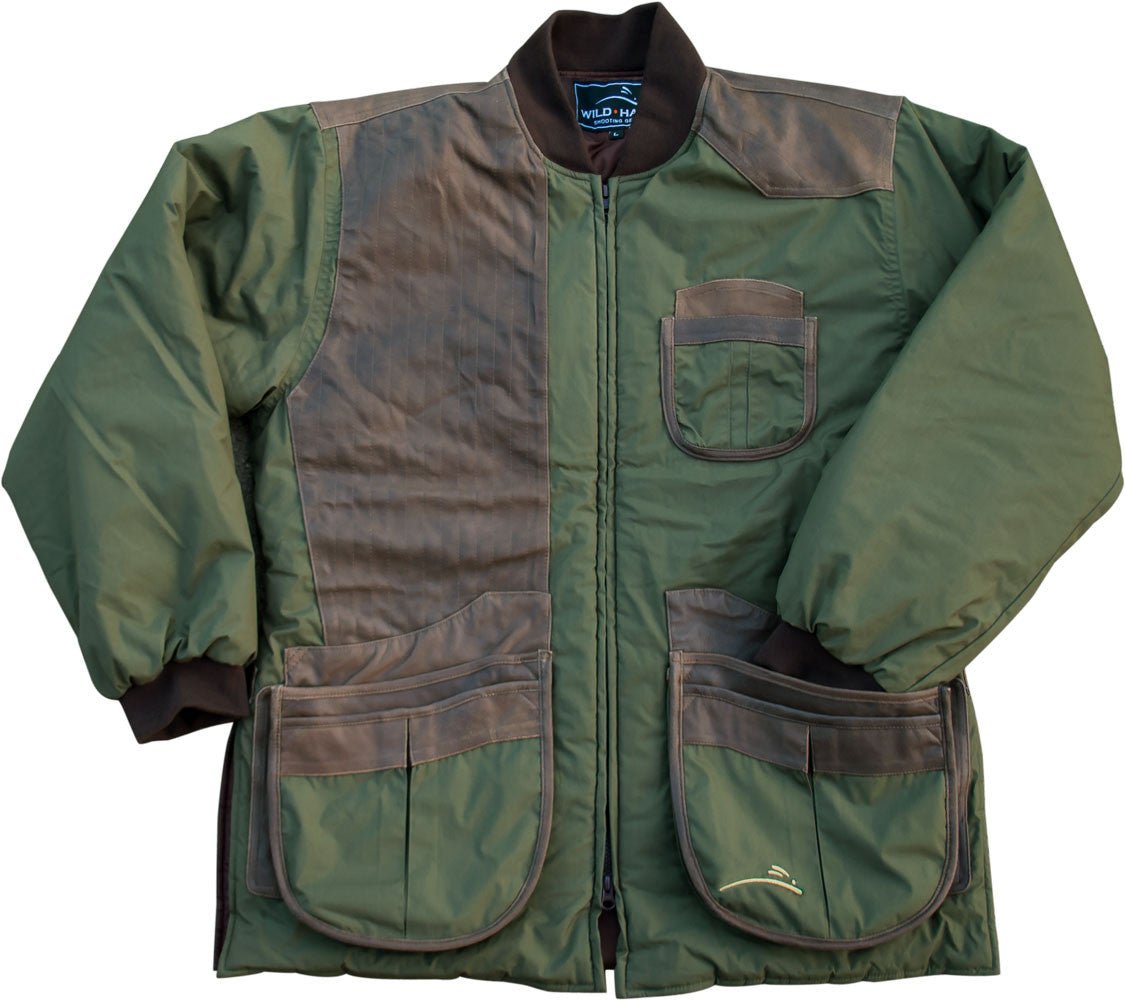 Wild Hare Cold Weather Shooting Coat - Olive with Brown Distressed Leather