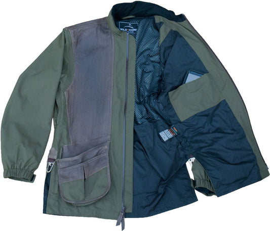 Wild Hare Hydro - Elite Waterproof Shooting Jacket – Olive w/ Brown Distressed Leather - Top Shot Supplies