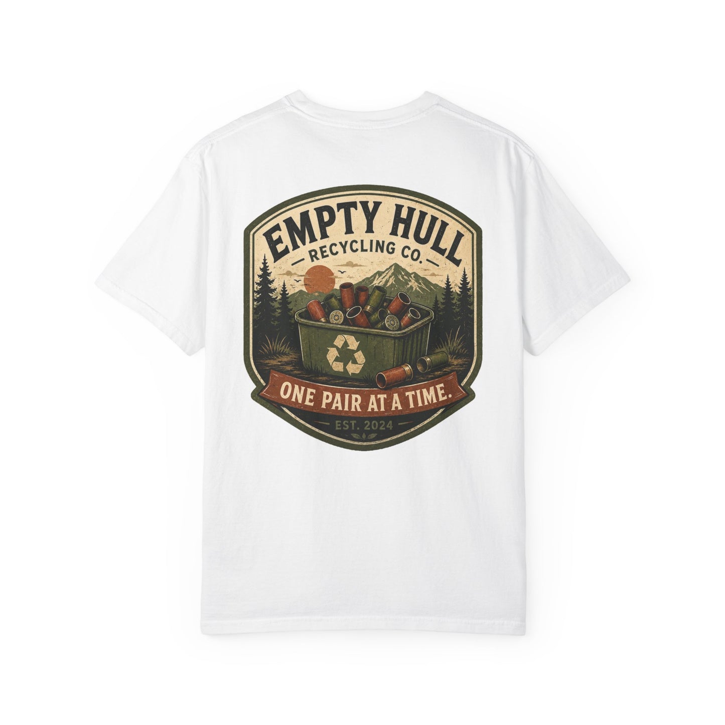 Empty Hull Recycling sporting clays t-shirt back graphic, shell bin badge design