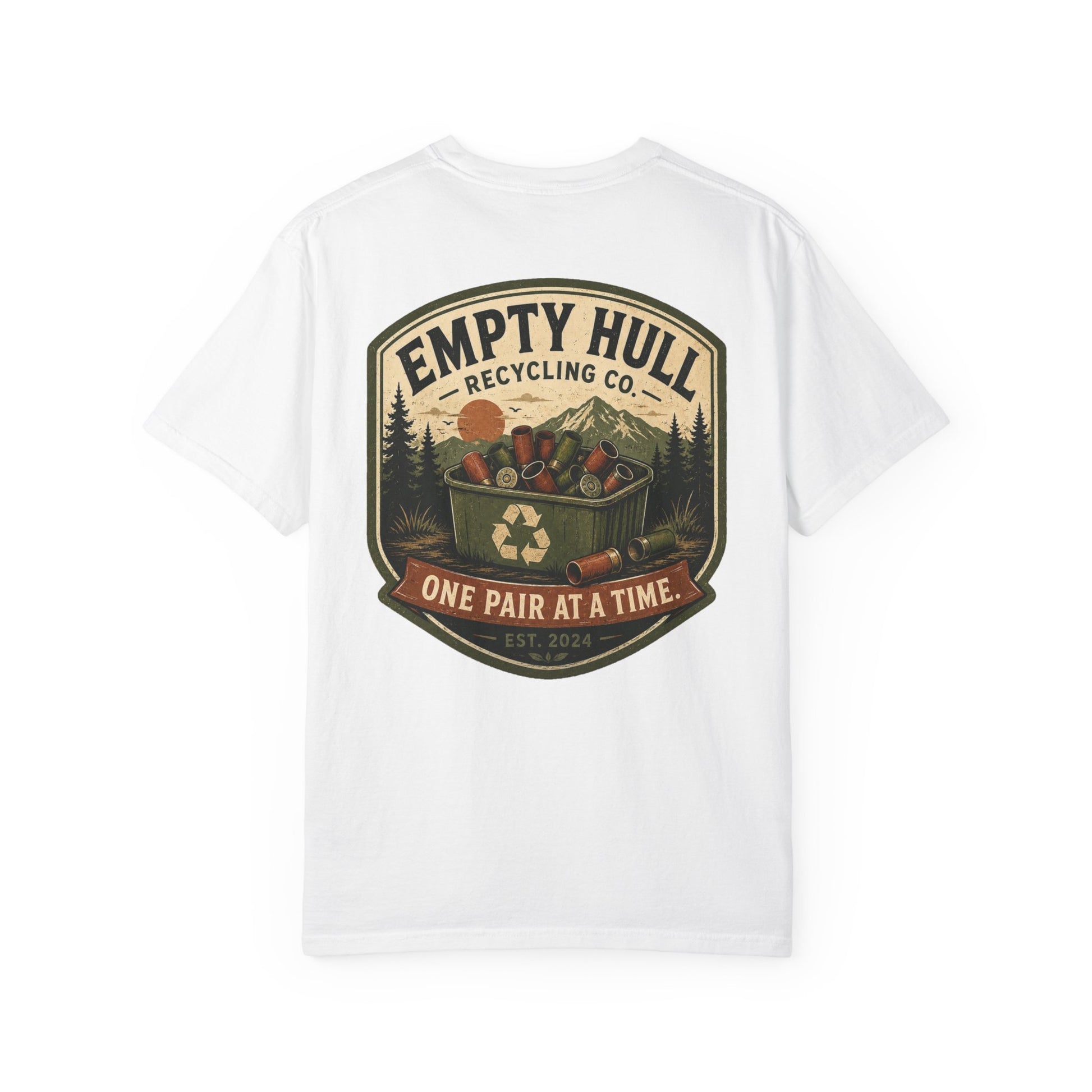 Empty Hull Recycling sporting clays t-shirt back graphic, shell bin badge design