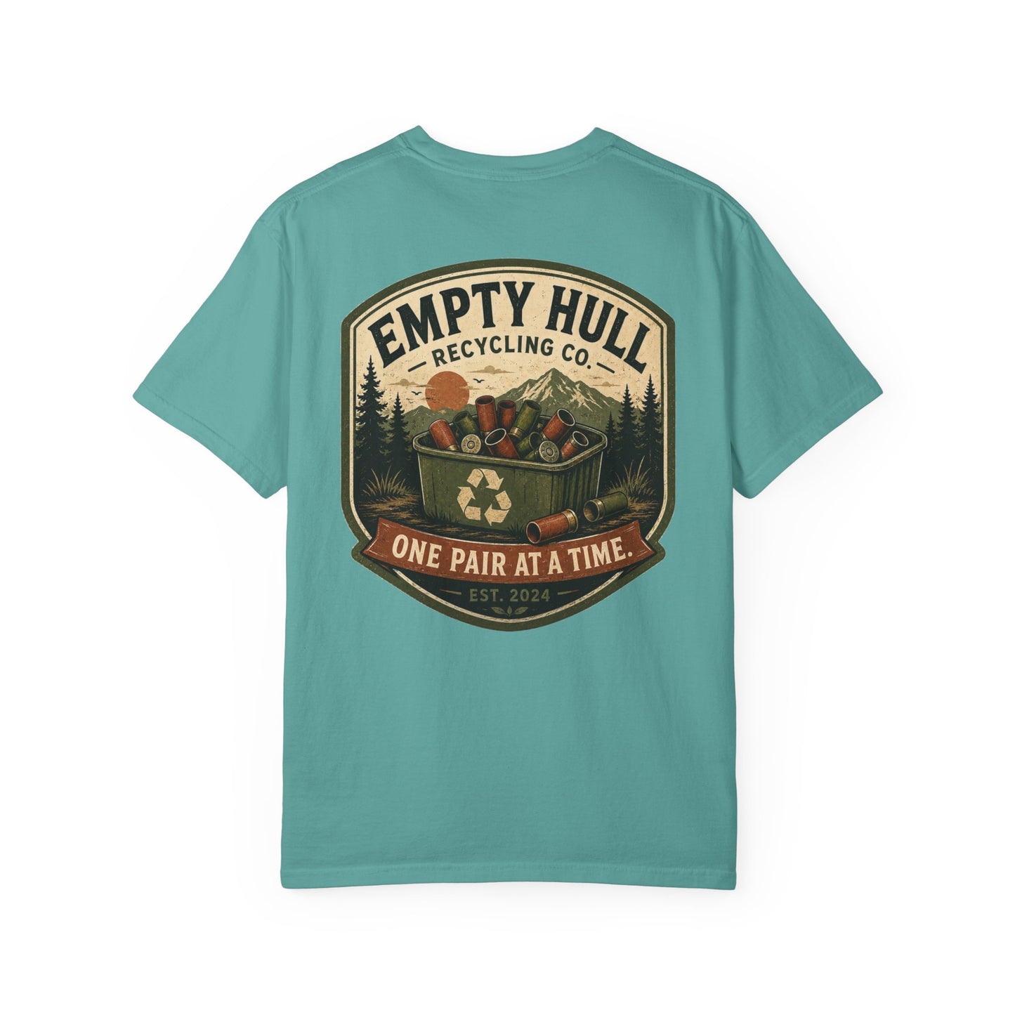 Empty Hull Recycling sporting clays t-shirt back graphic, shell bin badge design
