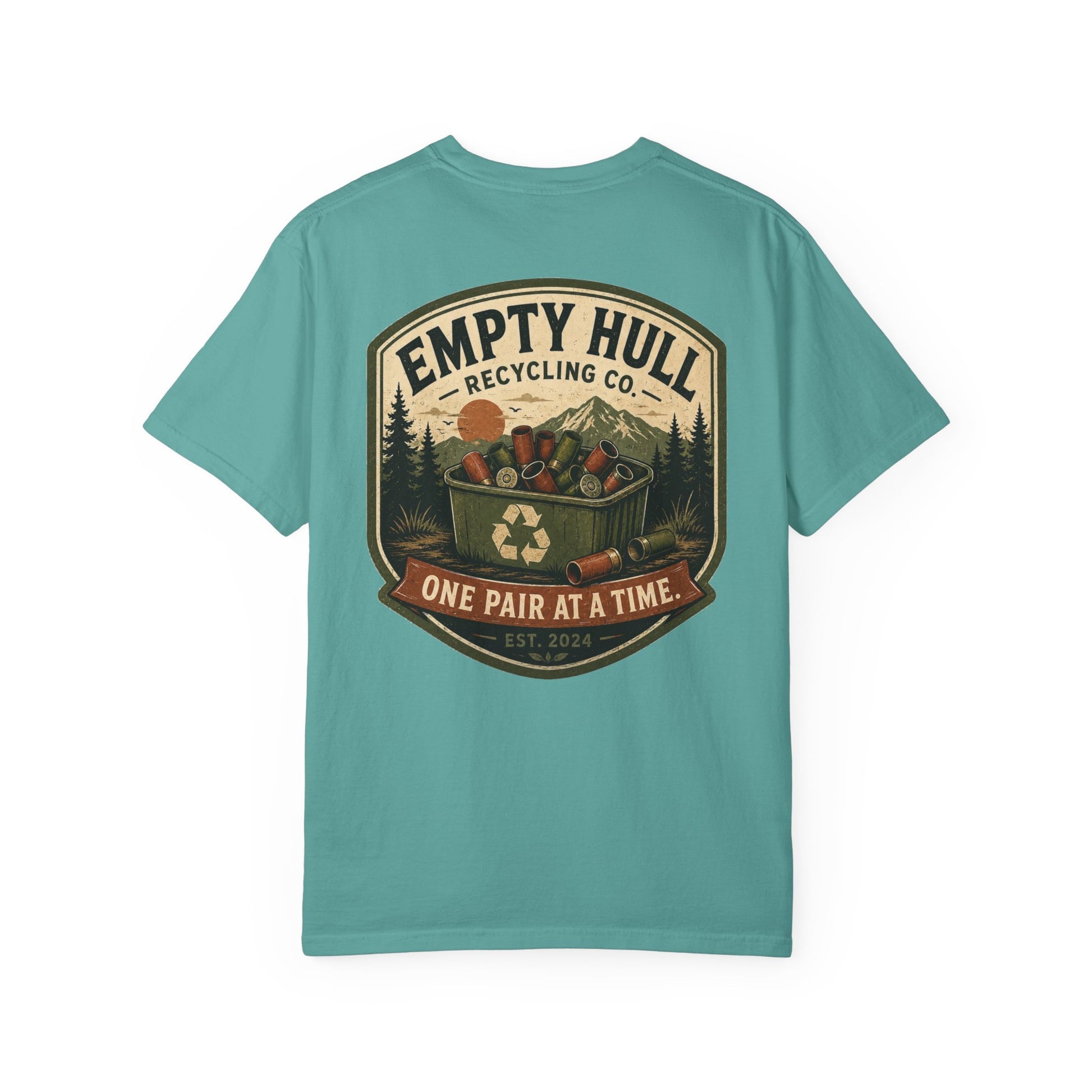 Empty Hull Recycling sporting clays t-shirt back graphic, shell bin badge design