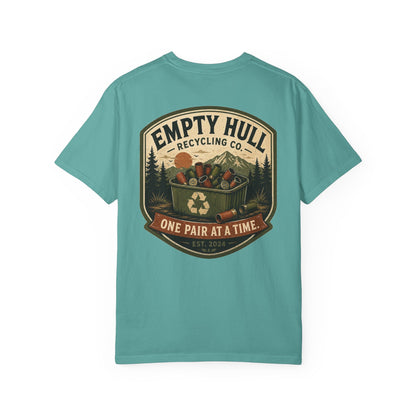 Empty Hull Recycling sporting clays t-shirt back graphic, shell bin badge design