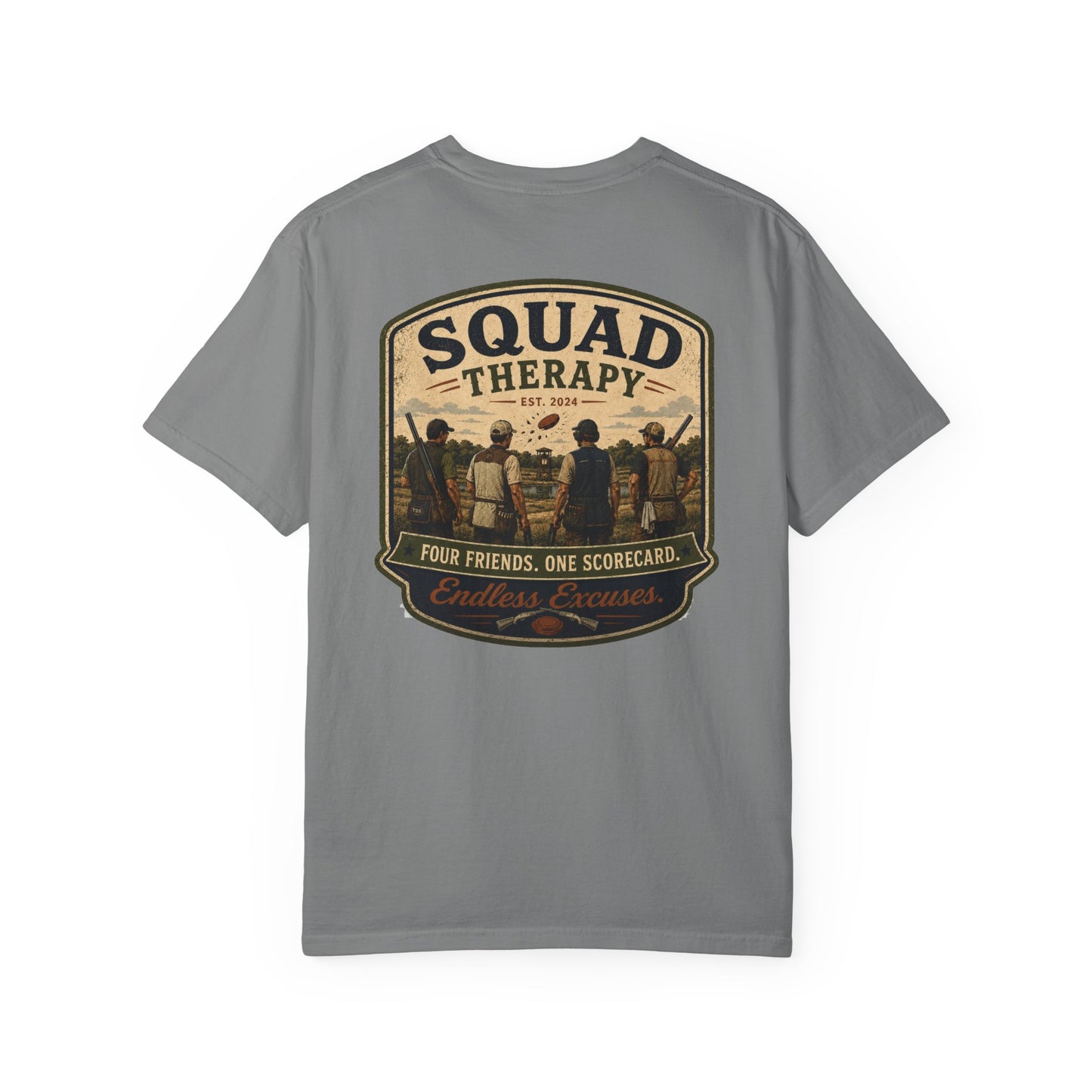 Squad Therapy sporting clays t-shirt back graphic, four shooters badge design