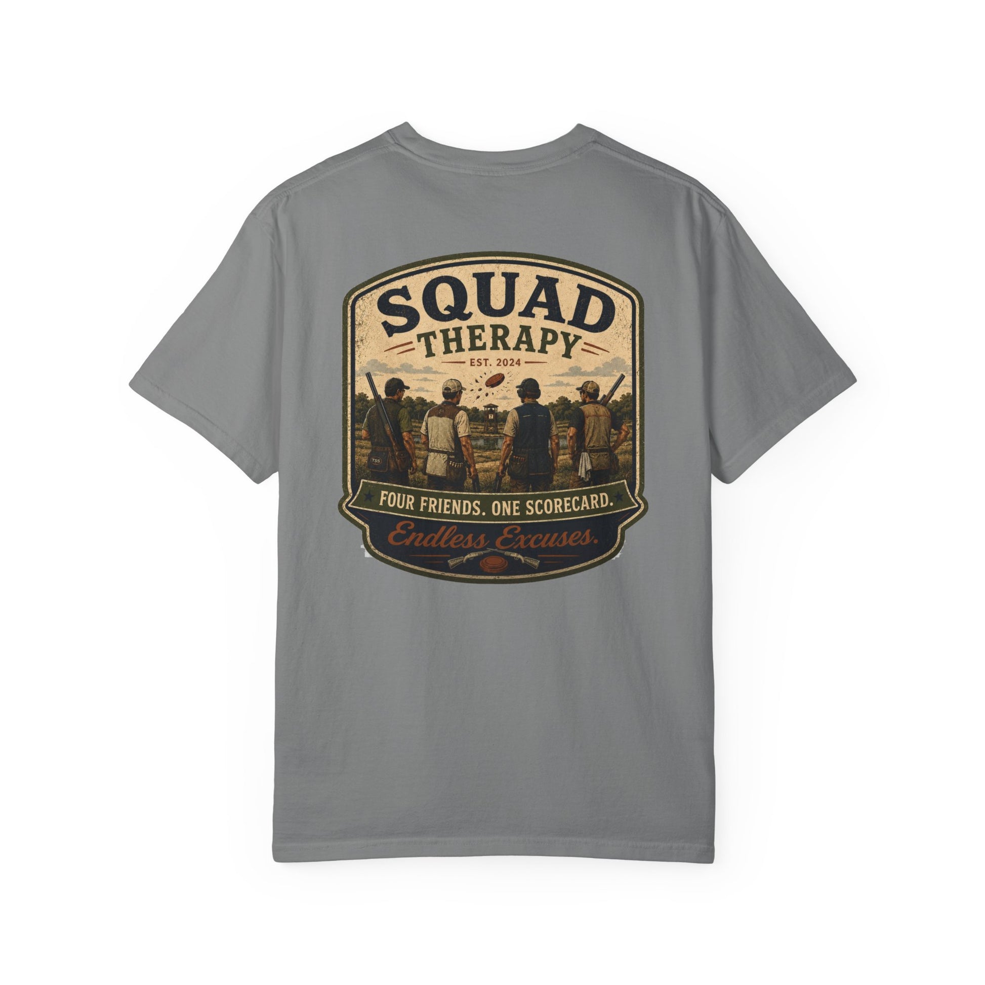 Squad Therapy sporting clays t-shirt back graphic, four shooters badge design
