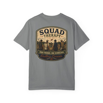 Squad Therapy sporting clays t-shirt back graphic, four shooters badge design