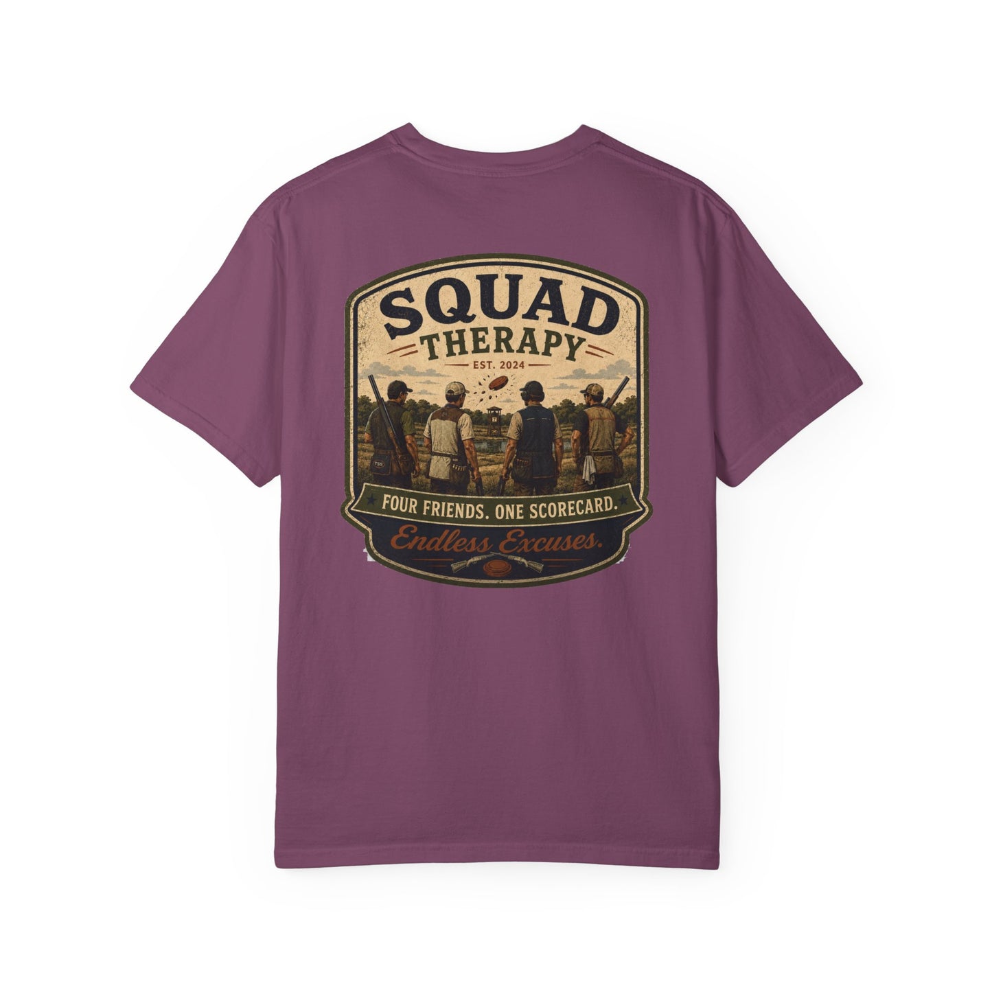 Squad Therapy sporting clays t-shirt back graphic, four shooters badge design