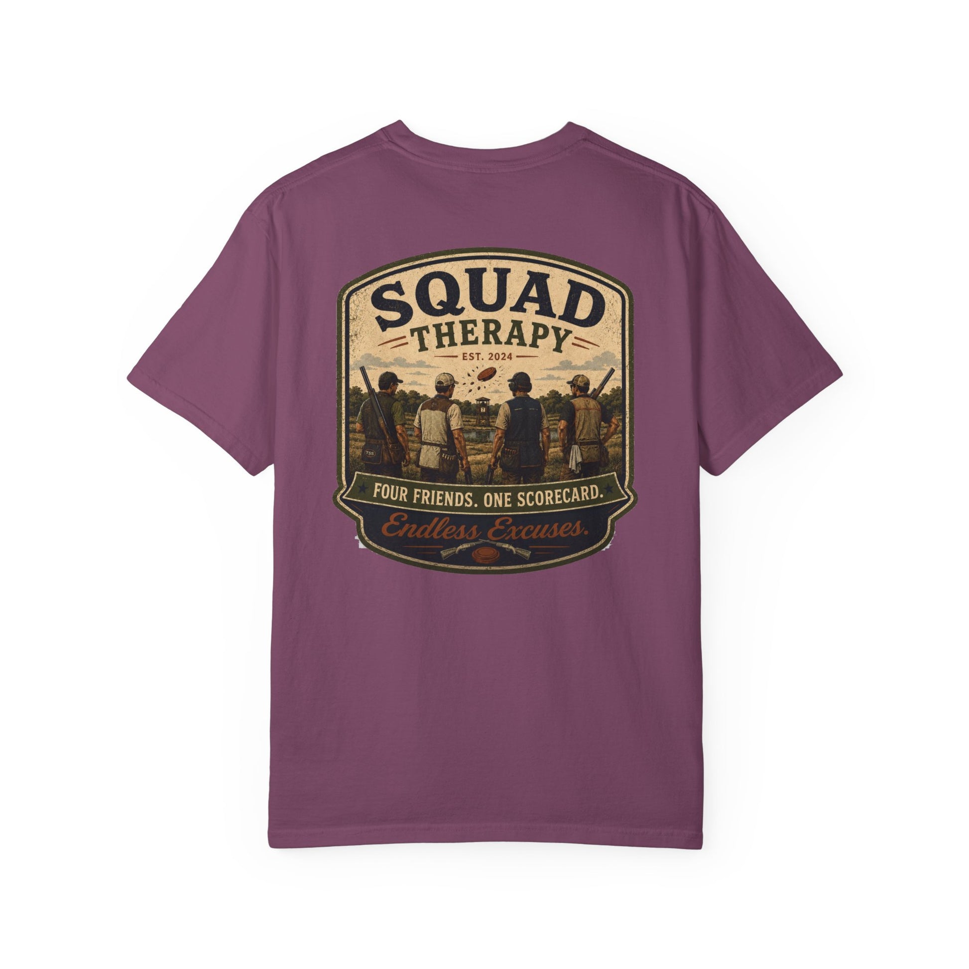 Squad Therapy sporting clays t-shirt back graphic, four shooters badge design