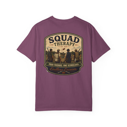 Squad Therapy sporting clays t-shirt back graphic, four shooters badge design