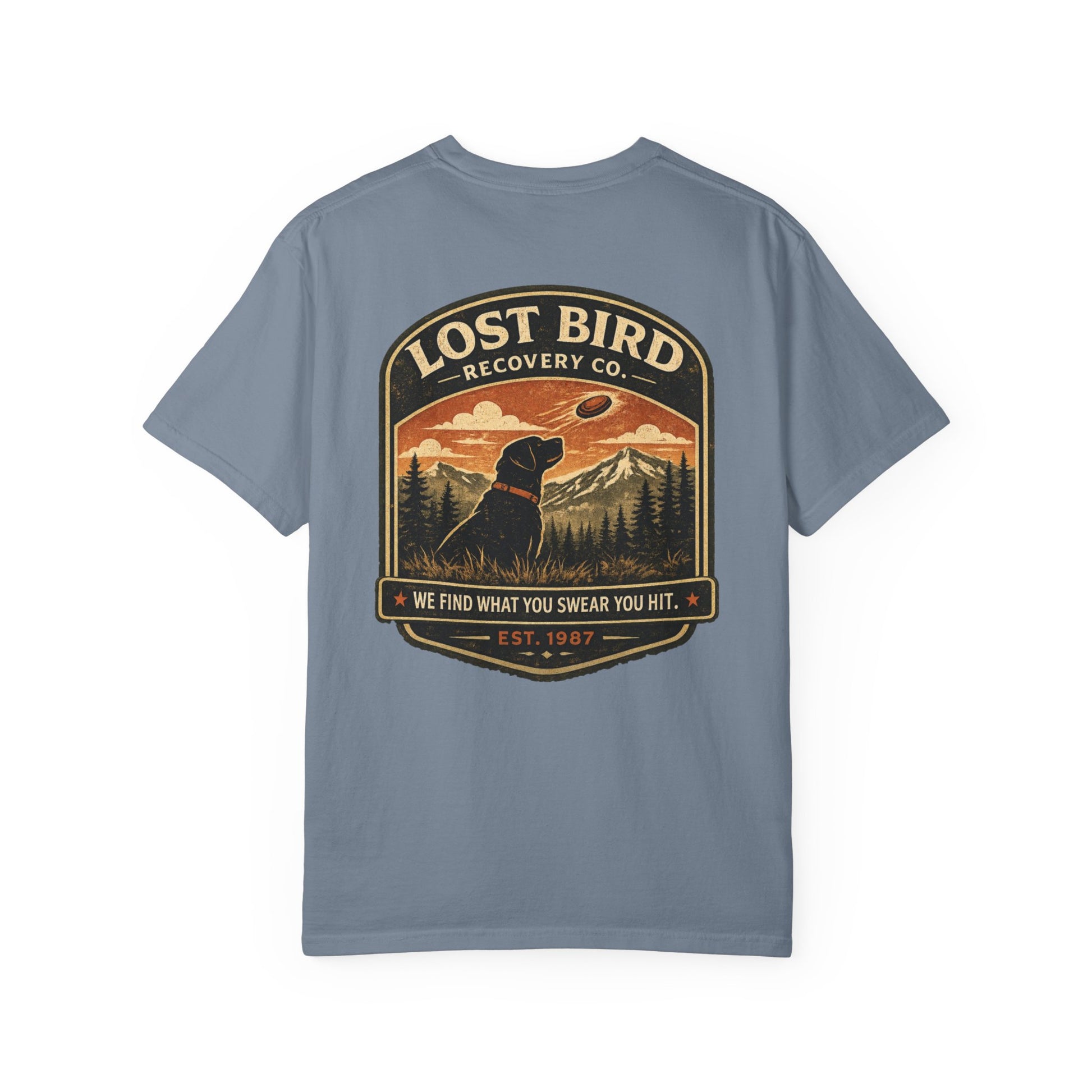 Lost Bird Recovery sporting clays t-shirt back graphic, black lab badge design