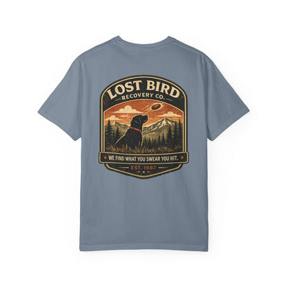 Lost Bird Recovery sporting clays t-shirt back graphic, black lab badge design