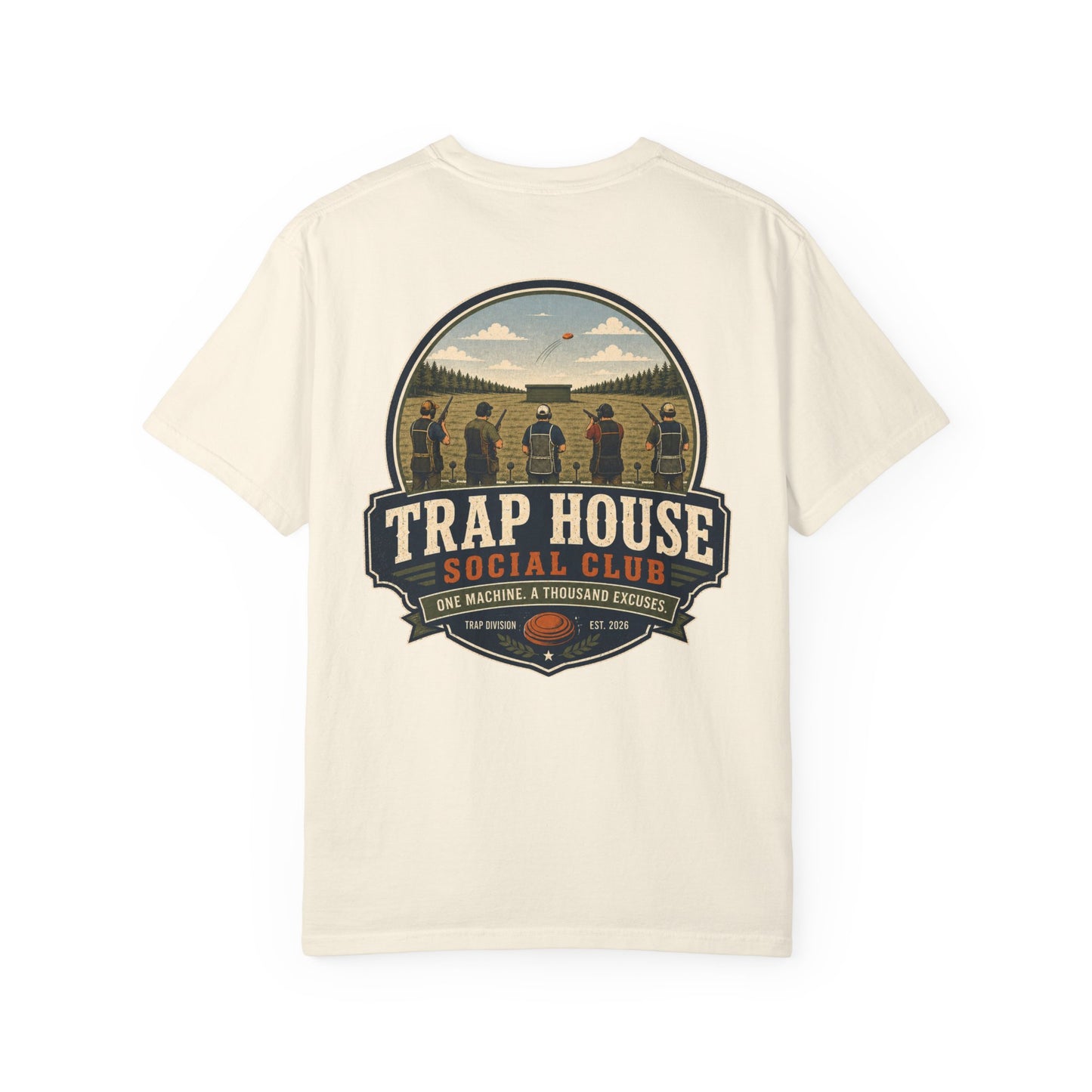 Trap House Social Club trap shooting t-shirt back graphic, five shooters badge design