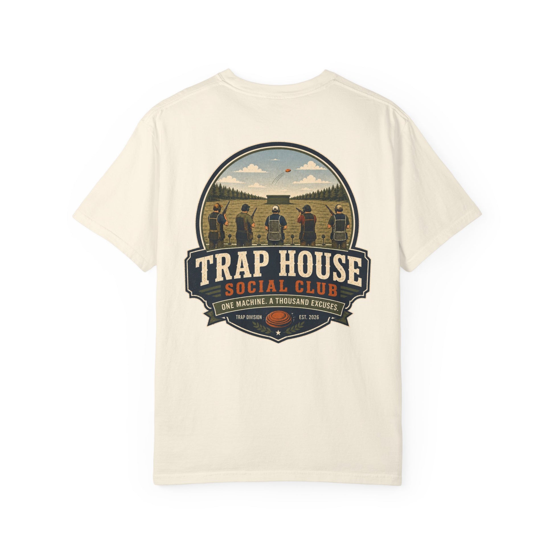 Trap House Social Club trap shooting t-shirt back graphic, five shooters badge design