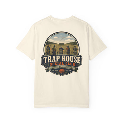 Trap House Social Club trap shooting t-shirt back graphic, five shooters badge design