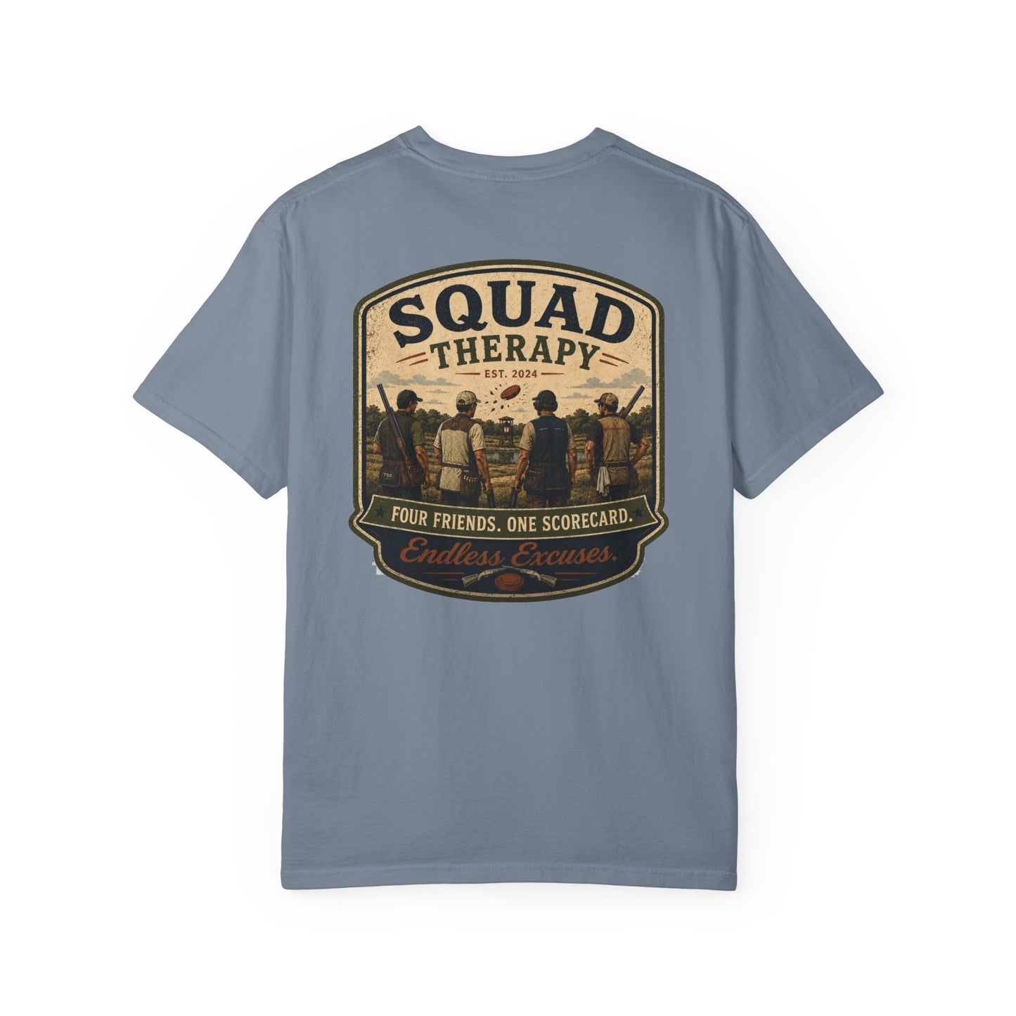 Squad Therapy sporting clays t-shirt back graphic, four shooters badge design