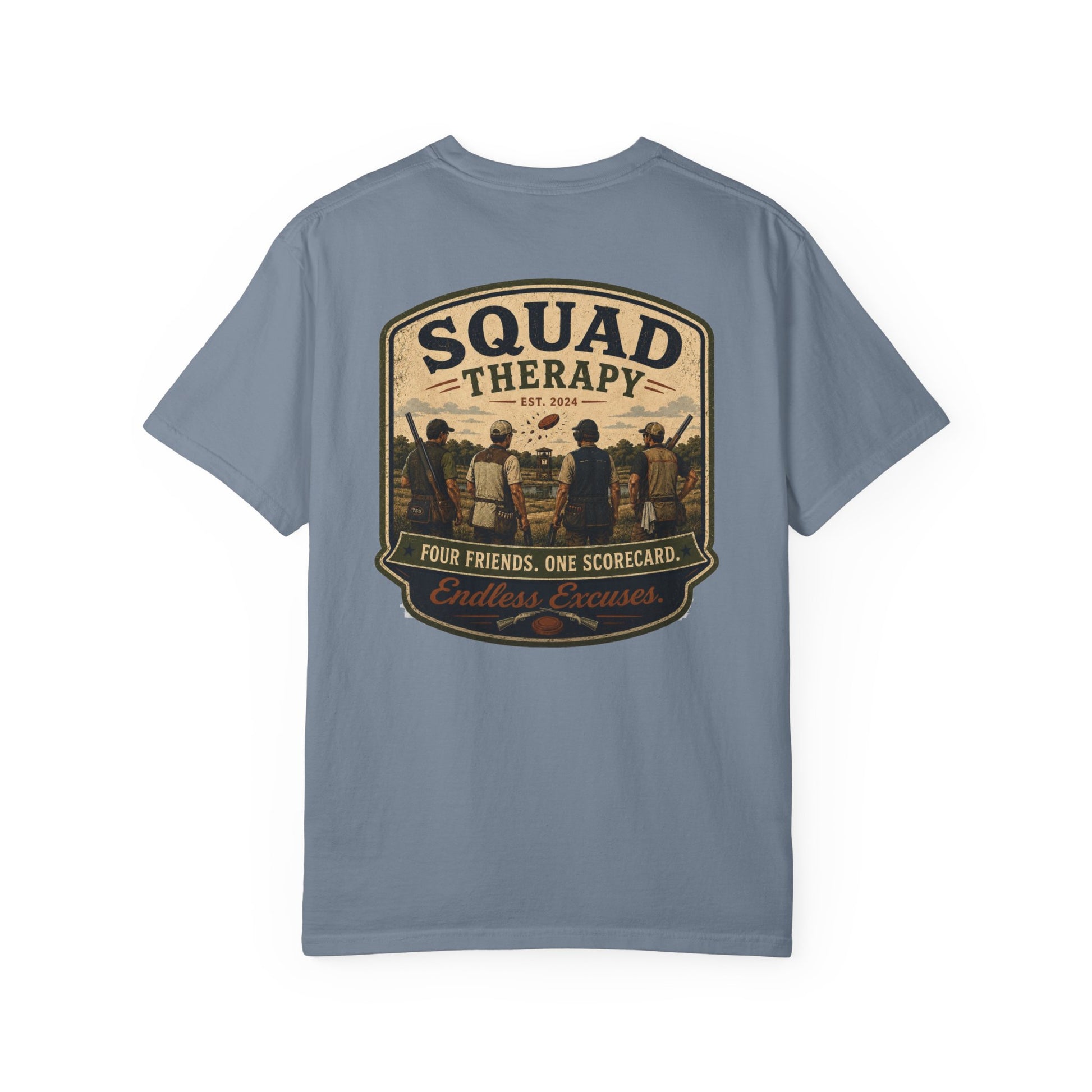 Squad Therapy sporting clays t-shirt back graphic, four shooters badge design