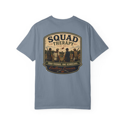 Squad Therapy sporting clays t-shirt back graphic, four shooters badge design