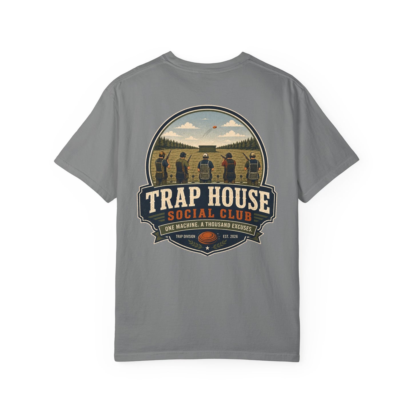 Trap House Social Club trap shooting t-shirt back graphic, five shooters badge design