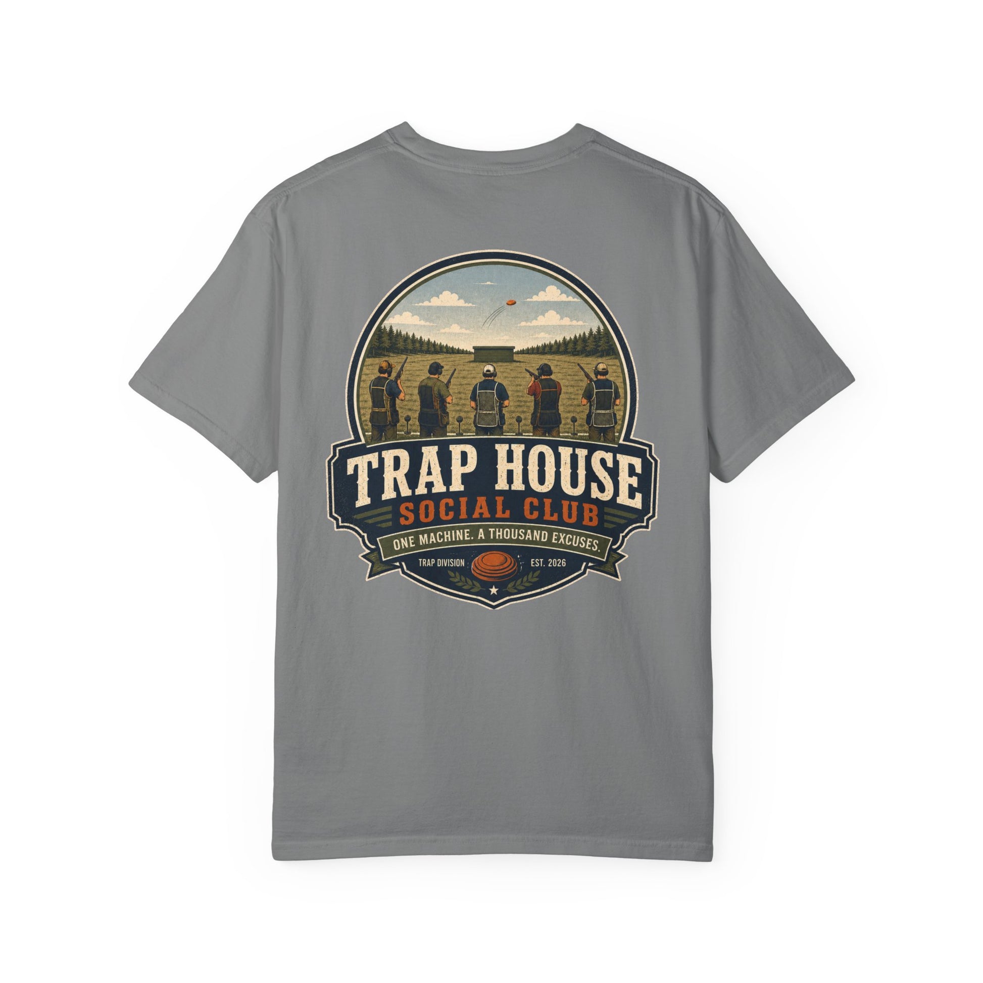 Trap House Social Club trap shooting t-shirt back graphic, five shooters badge design
