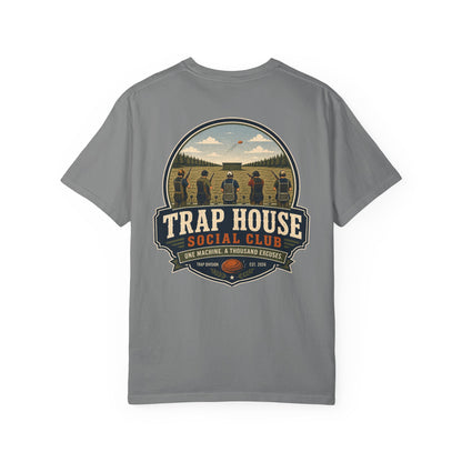 Trap House Social Club trap shooting t-shirt back graphic, five shooters badge design