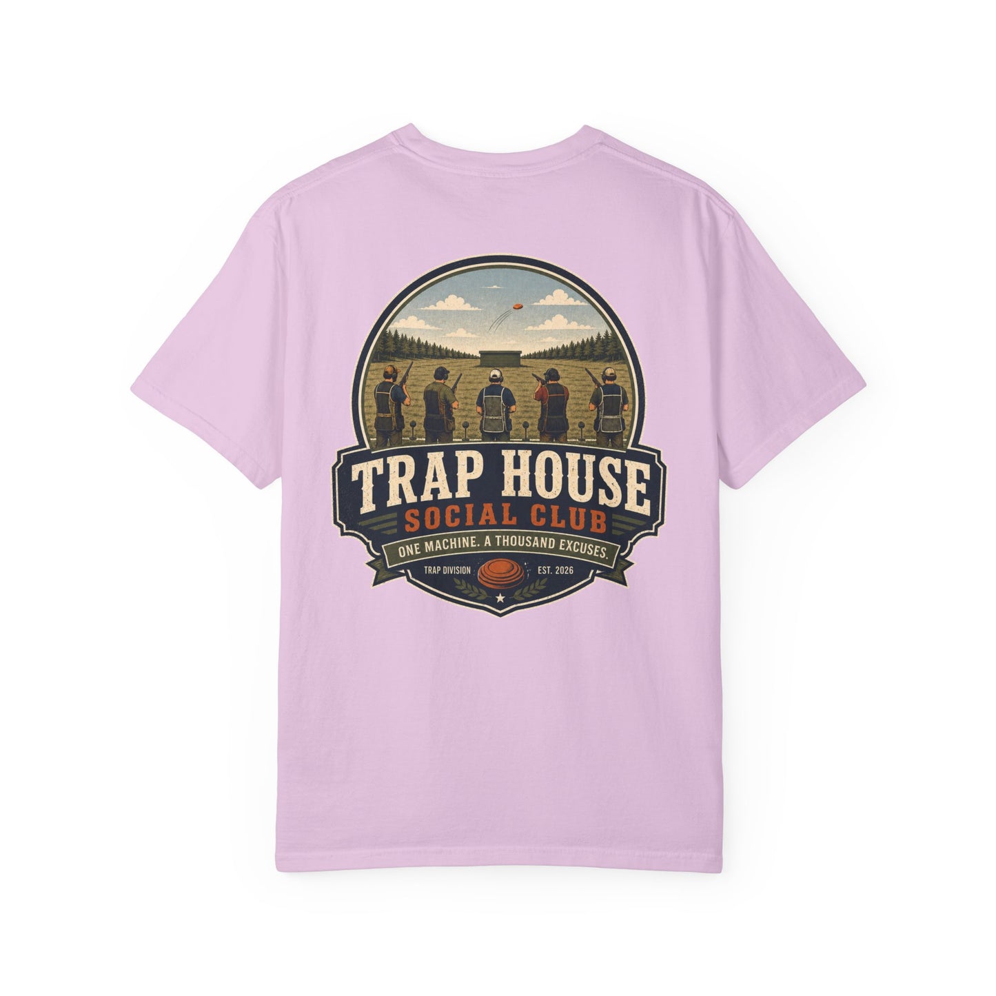 Trap House Social Club trap shooting t-shirt back graphic, five shooters badge design