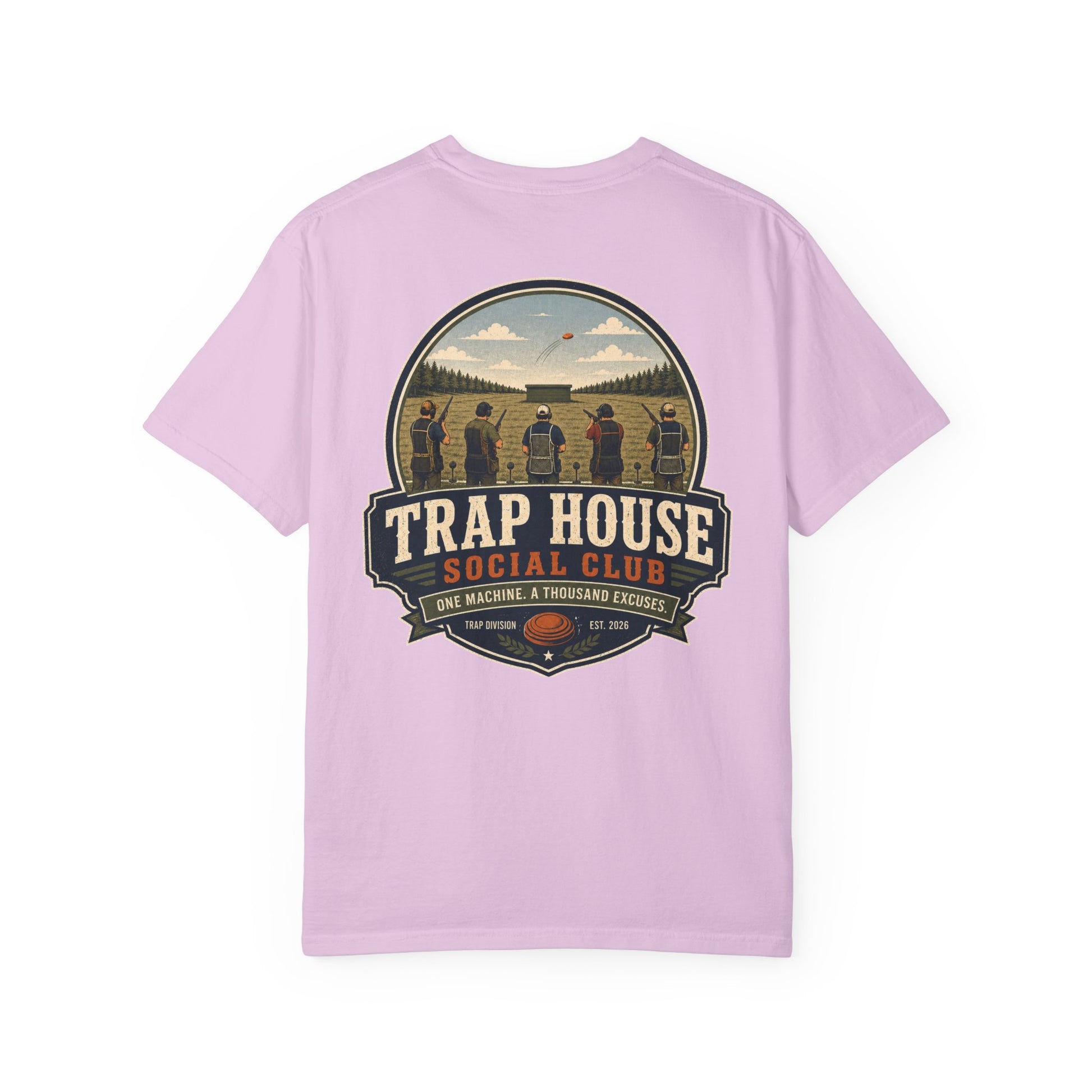 Trap House Social Club trap shooting t-shirt back graphic, five shooters badge design