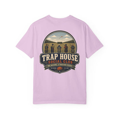 Trap House Social Club trap shooting t-shirt back graphic, five shooters badge design