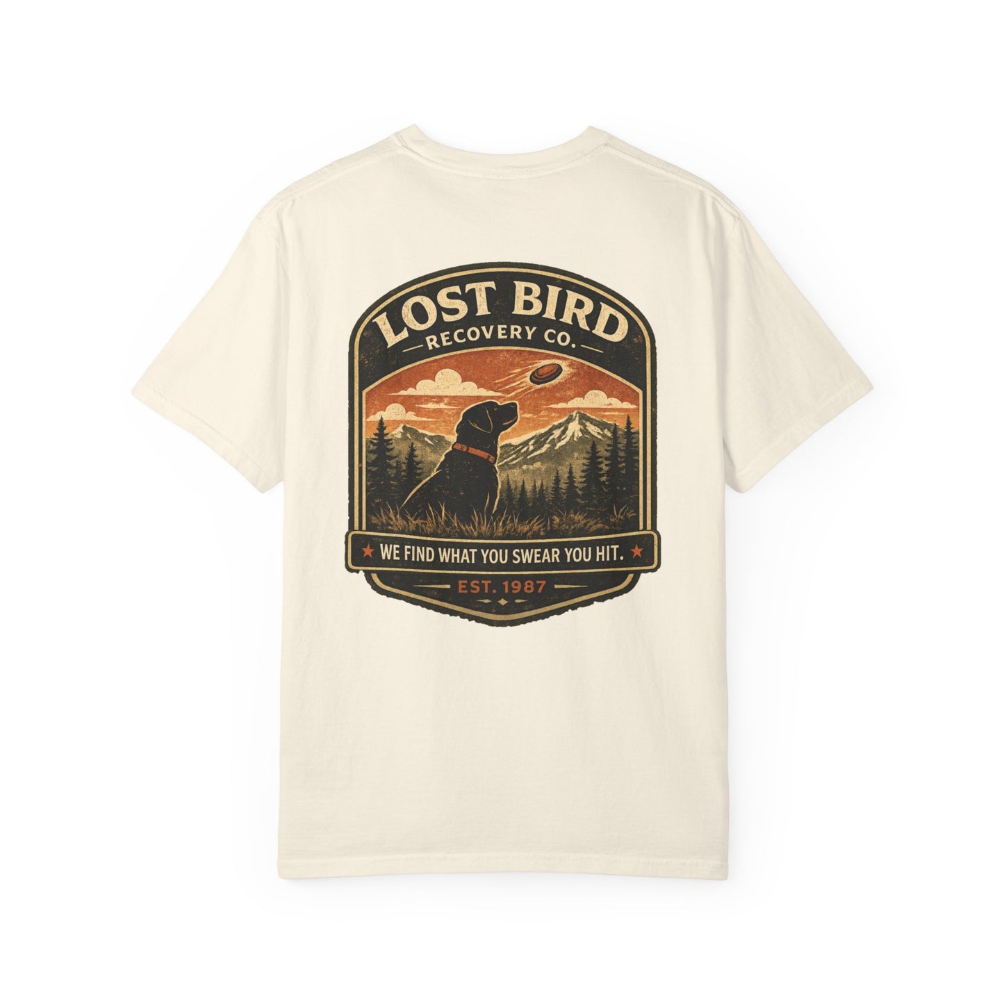 Lost Bird Recovery sporting clays t-shirt back graphic, black lab badge design