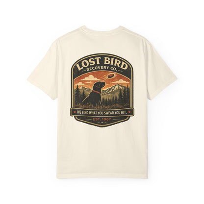 Lost Bird Recovery sporting clays t-shirt back graphic, black lab badge design