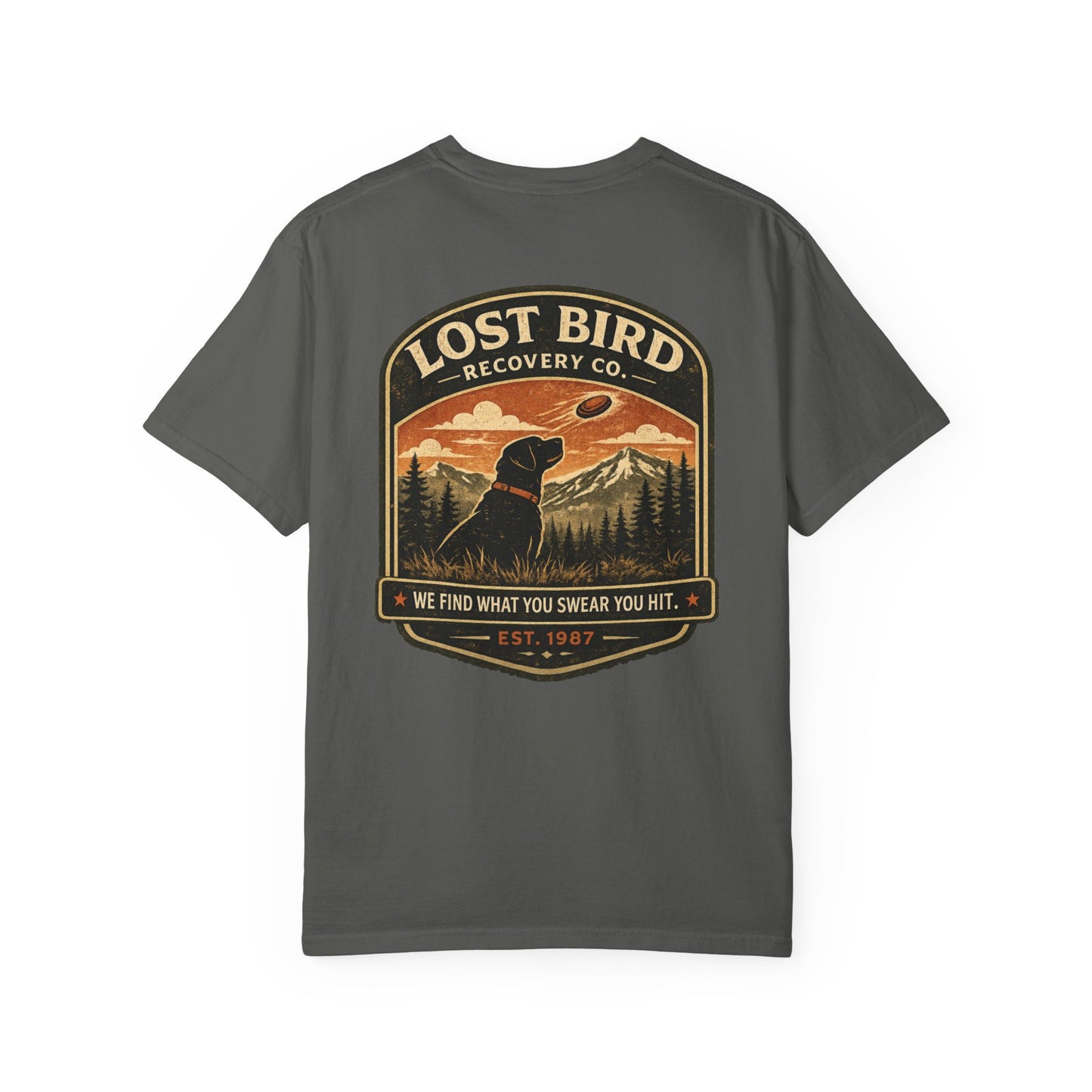 Lost Bird Recovery sporting clays t-shirt back graphic, black lab badge design