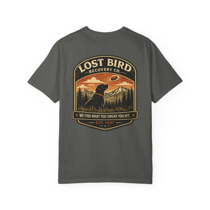 Lost Bird Recovery sporting clays t-shirt back graphic, black lab badge design