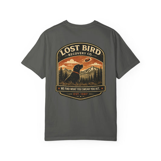 Lost Bird Recovery sporting clays t-shirt back graphic, black lab badge design