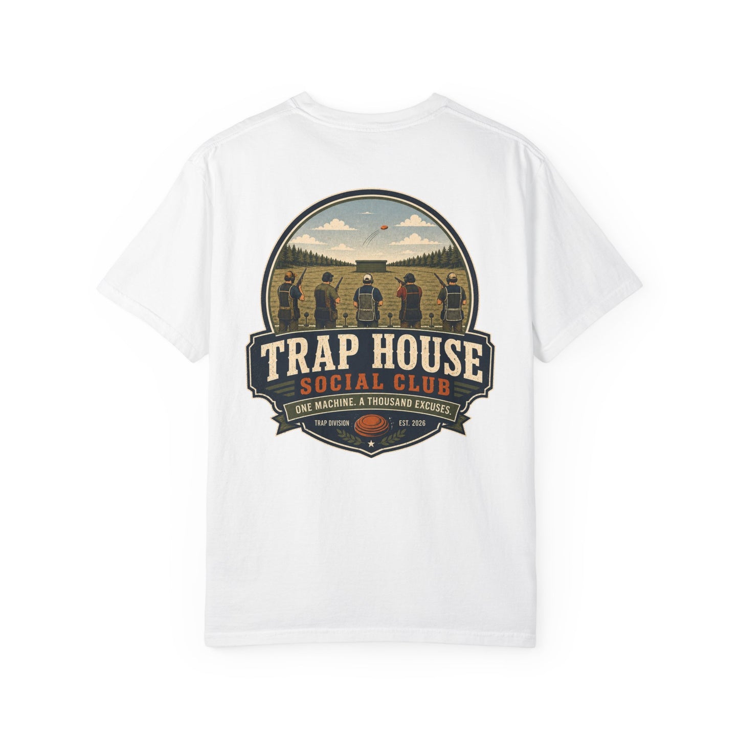 Trap House Social Club trap shooting t-shirt back graphic, five shooters badge design