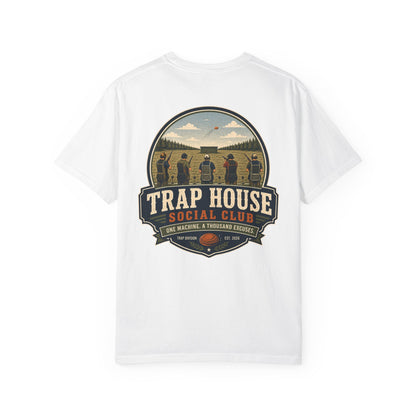 Trap House Social Club trap shooting t-shirt back graphic, five shooters badge design