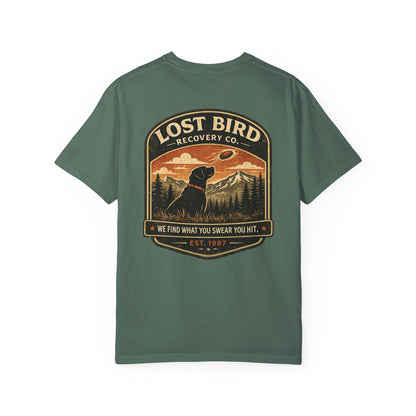 Lost Bird Recovery sporting clays t-shirt back graphic, black lab badge design