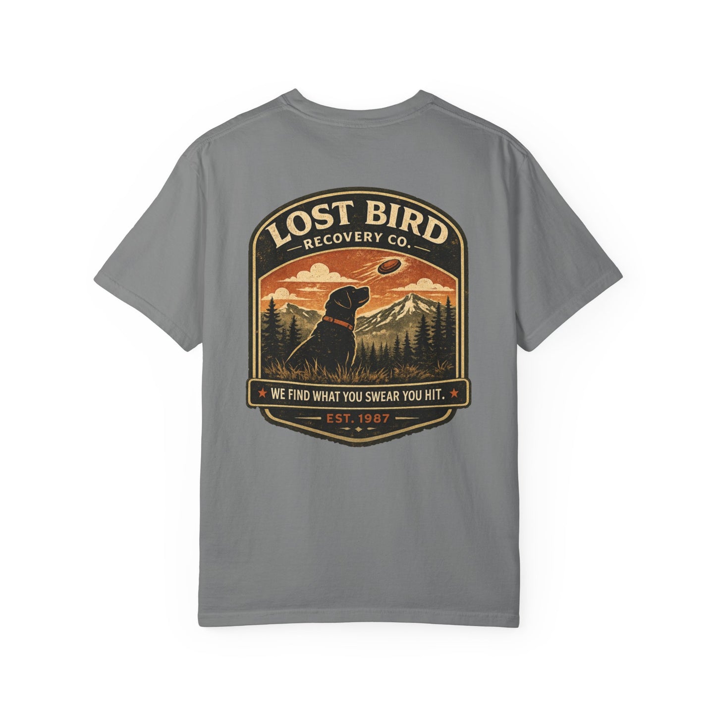 Lost Bird Recovery sporting clays t-shirt back graphic, black lab badge design