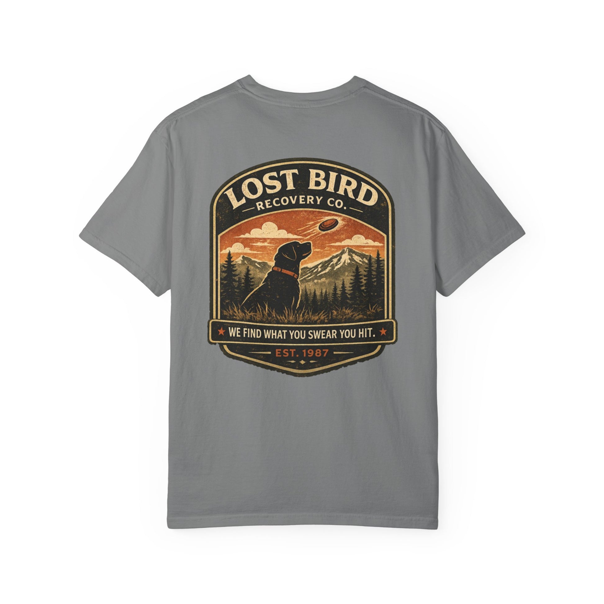 Lost Bird Recovery sporting clays t-shirt back graphic, black lab badge design