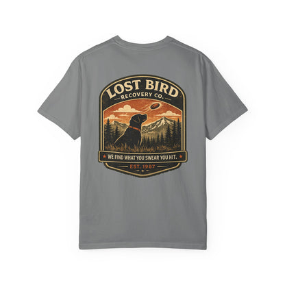 Lost Bird Recovery sporting clays t-shirt back graphic, black lab badge design