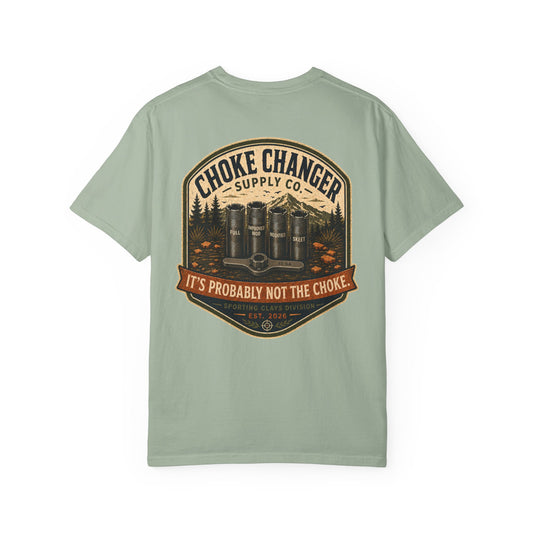 Choke Changer sporting clays t-shirt back graphic, choke tubes and wrench badge