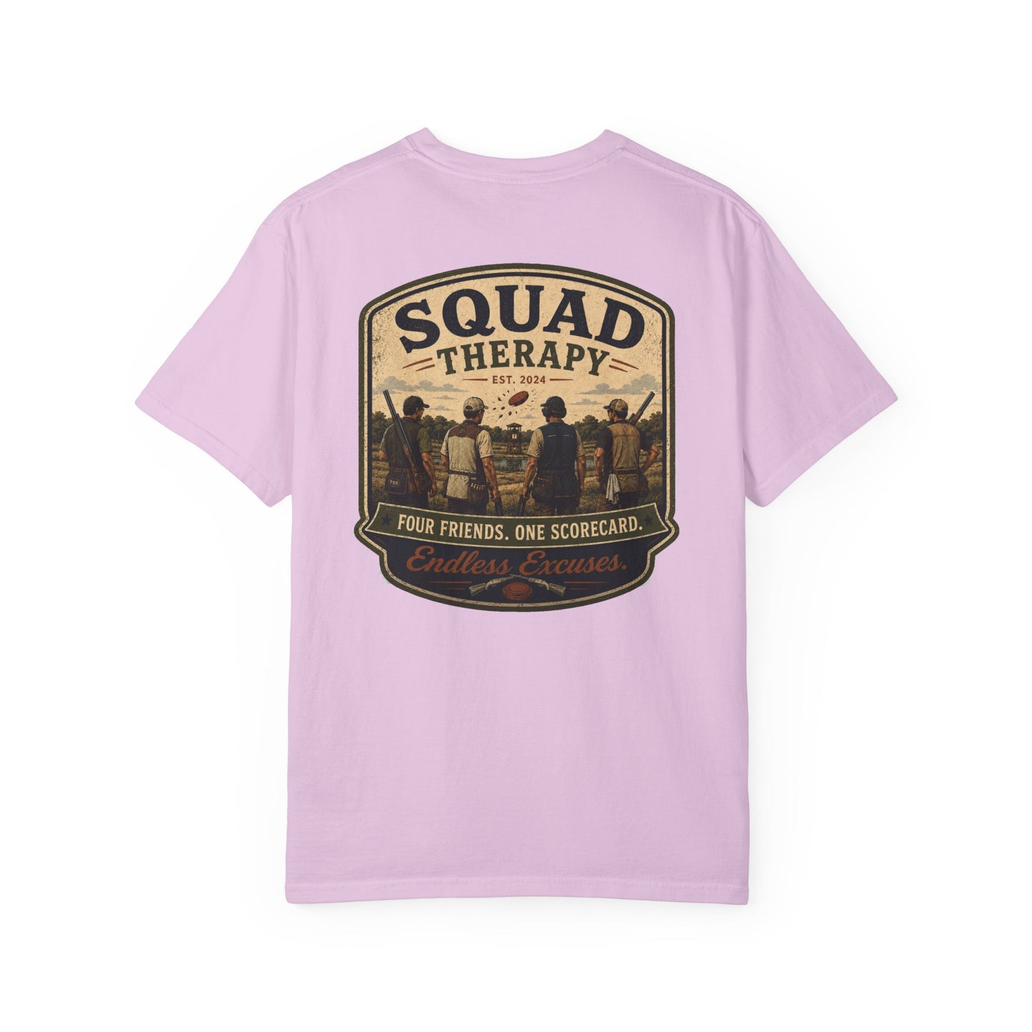Squad Therapy sporting clays t-shirt back graphic, four shooters badge design