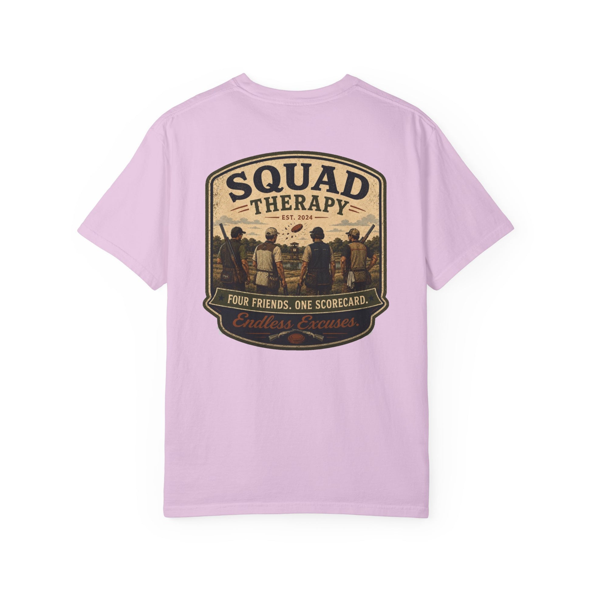 Squad Therapy sporting clays t-shirt back graphic, four shooters badge design