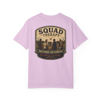 Squad Therapy sporting clays t-shirt back graphic, four shooters badge design