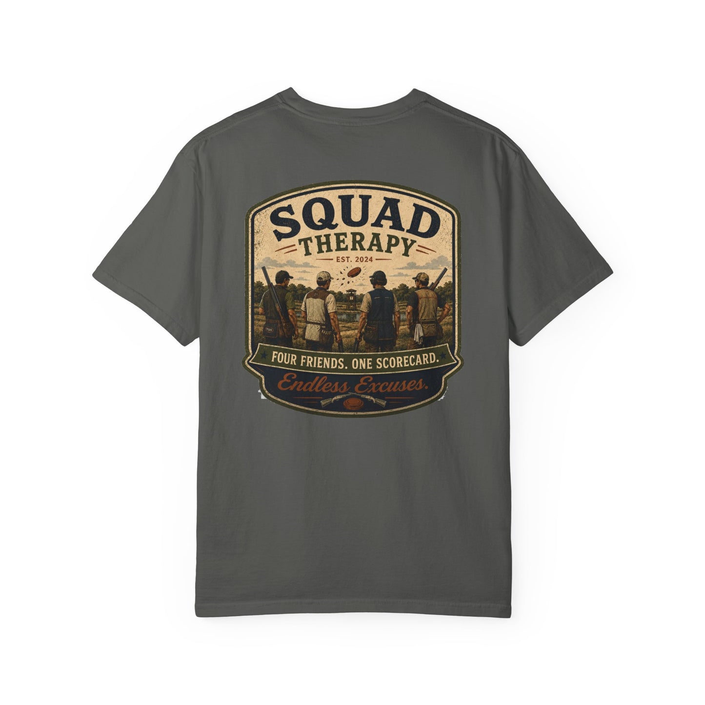 Squad Therapy sporting clays t-shirt back graphic, four shooters badge design