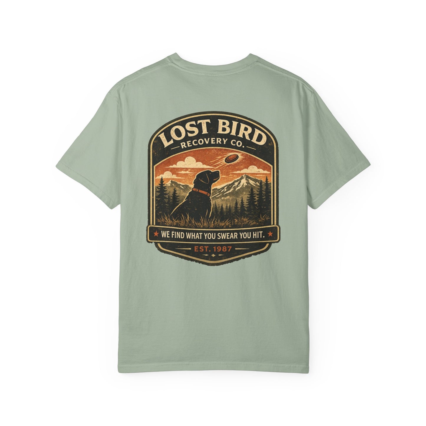 Lost Bird Recovery sporting clays t-shirt back graphic, black lab badge design