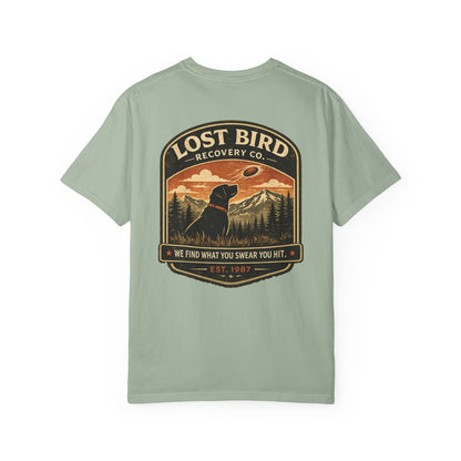 Lost Bird Recovery sporting clays t-shirt back graphic, black lab badge design