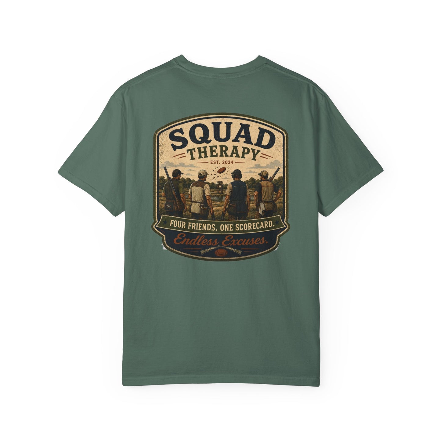 Squad Therapy sporting clays t-shirt back graphic, four shooters badge design