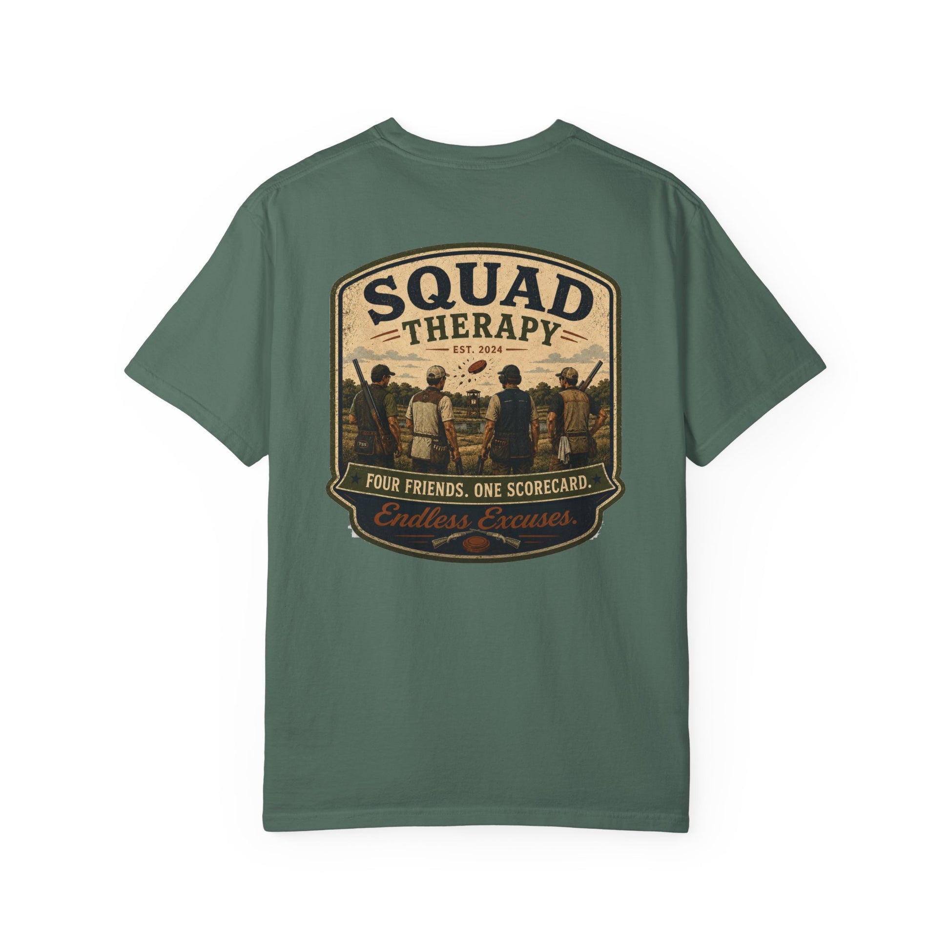 Squad Therapy sporting clays t-shirt back graphic, four shooters badge design