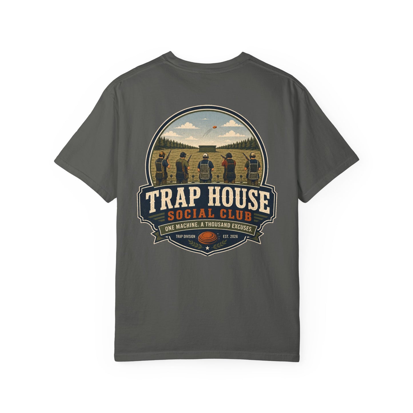 Trap House Social Club trap shooting t-shirt back graphic, five shooters badge design