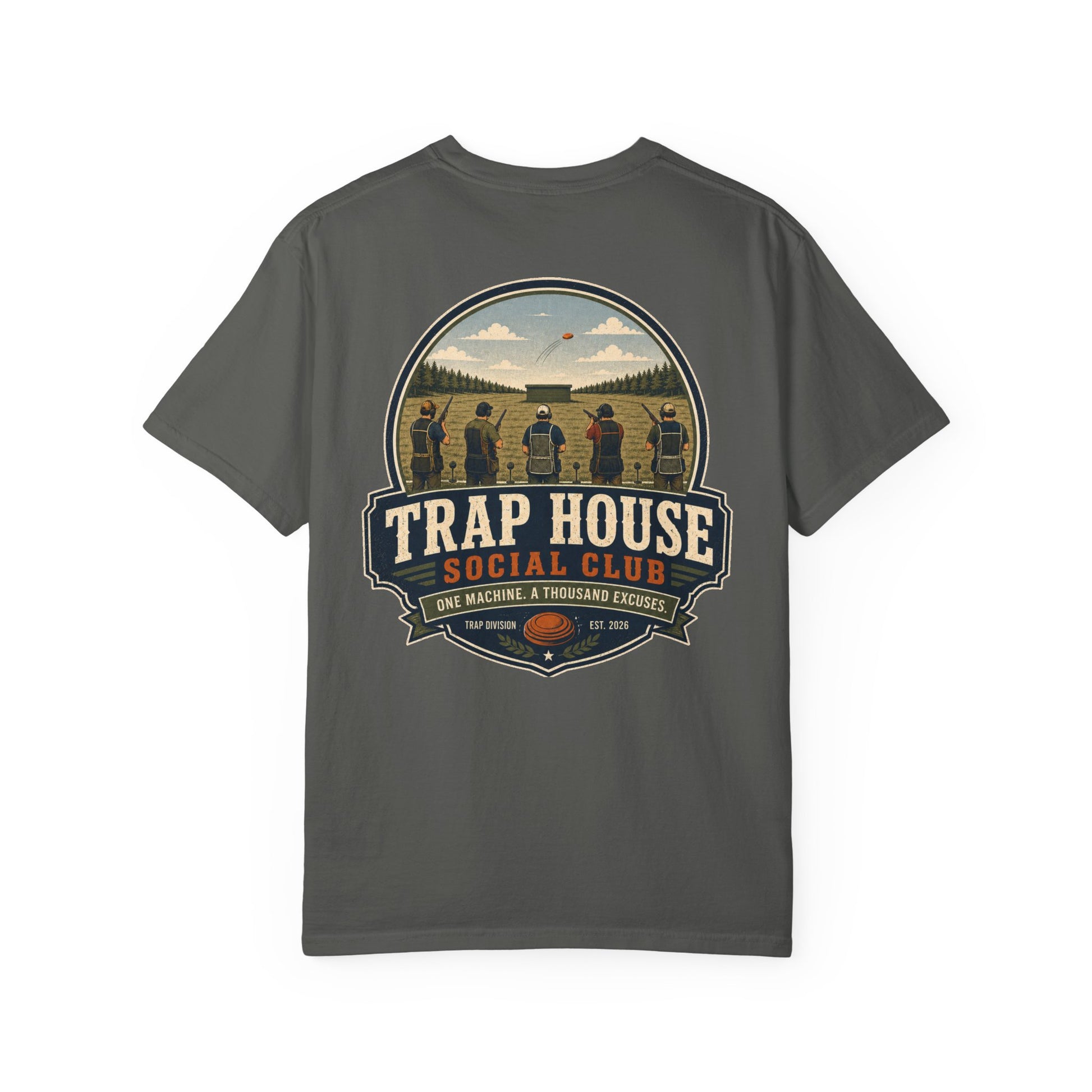 Trap House Social Club trap shooting t-shirt back graphic, five shooters badge design