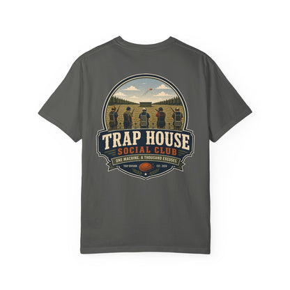 Trap House Social Club trap shooting t-shirt back graphic, five shooters badge design